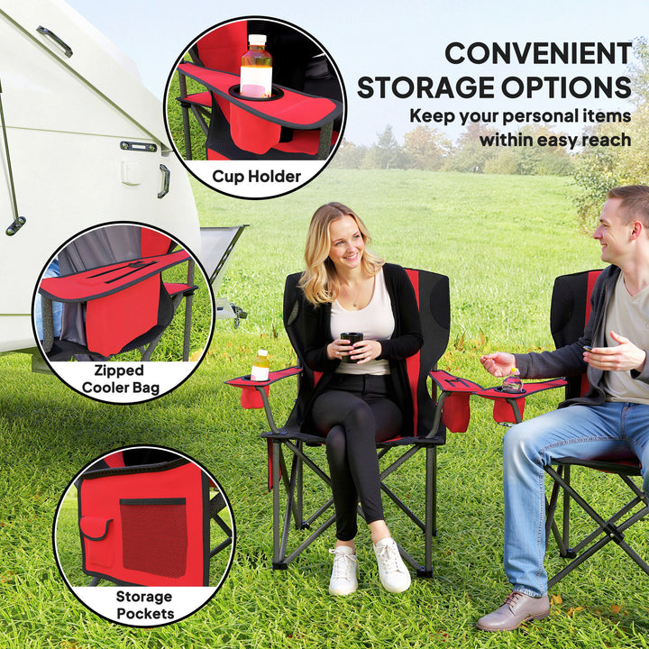 Set of 2 Folding Camping Chairs, Padded Camping Chairs with Adjustable Armrests, Portable & Lightweight Folding Camp Chair with Cooler Bag, Cup Holder and Side Pockets, Red