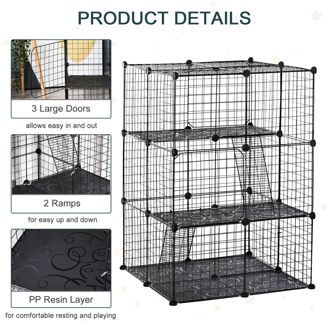 MCL Pet Playpen DIY Small Animal Cage Enclosure Metal Wire Fence 39 Panels with 3 Doors 2 Ramps for Kitten Bunny Chinchilla Pet Mink Black