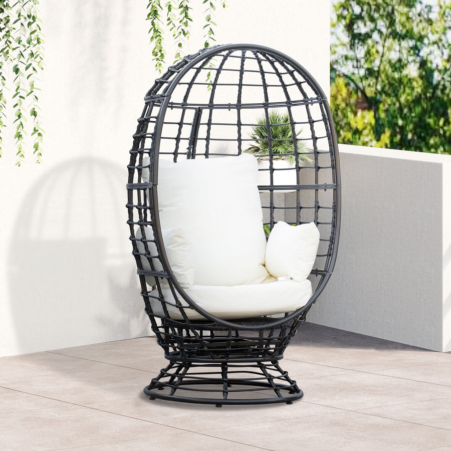 360° Swivel Egg Chair, Garden Rattan Swivel Chair with Thickened Cushion and Pillow, 150 KG Capacity for Indoor Outdoor, Balcony, Patio, Black