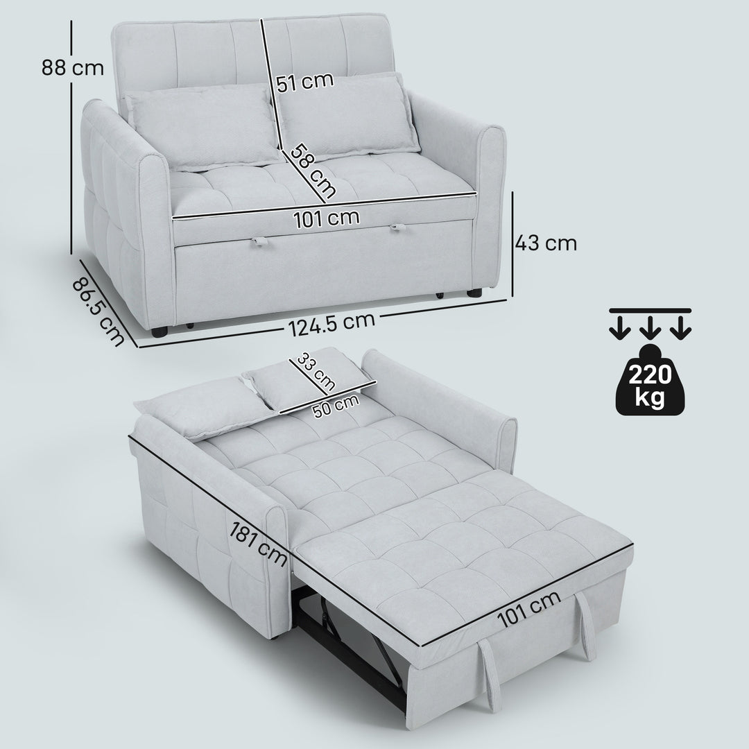 2 Seater Sofa Bed, 3-in-1 Convertible Sleeper Sofa with Click-clack Adjustable Backrest and 2 Pillows, Light