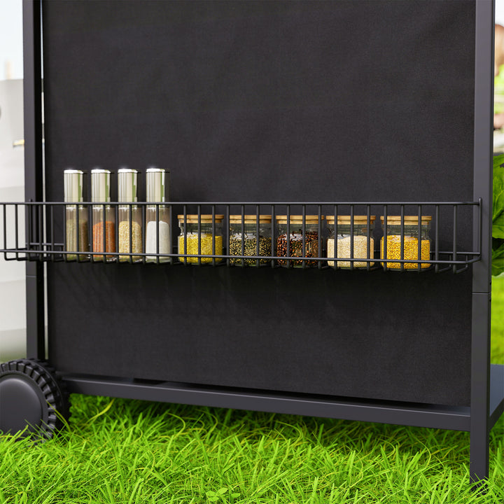 4+1 Burner Gas BBQ Grill, Portable Gas Barbecue Grill with Built-in Thermometer, Lid, Side Table, Shelf, Spice Rack, Wheels, Grease Cup for Garden Party Outdoor Cooking, Black