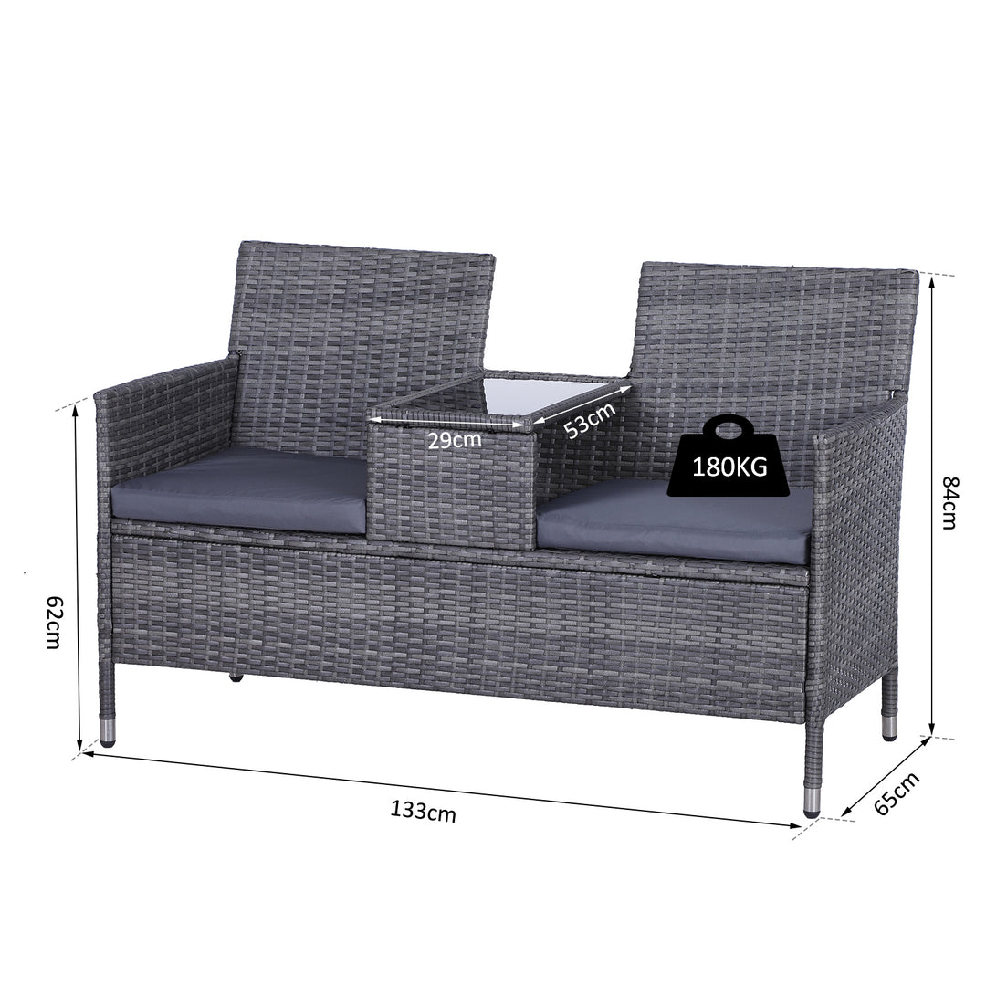 2-Seater PE Rattan Outdoor Garden Bench w/ Centre Table Grey