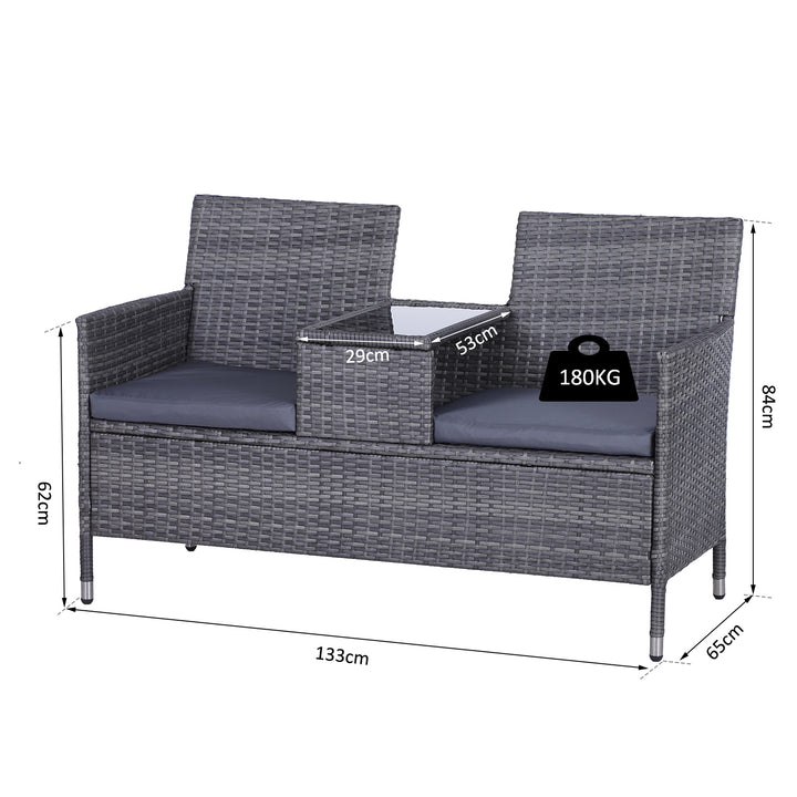 2-Seater PE Rattan Outdoor Garden Bench w/ Centre Table Grey