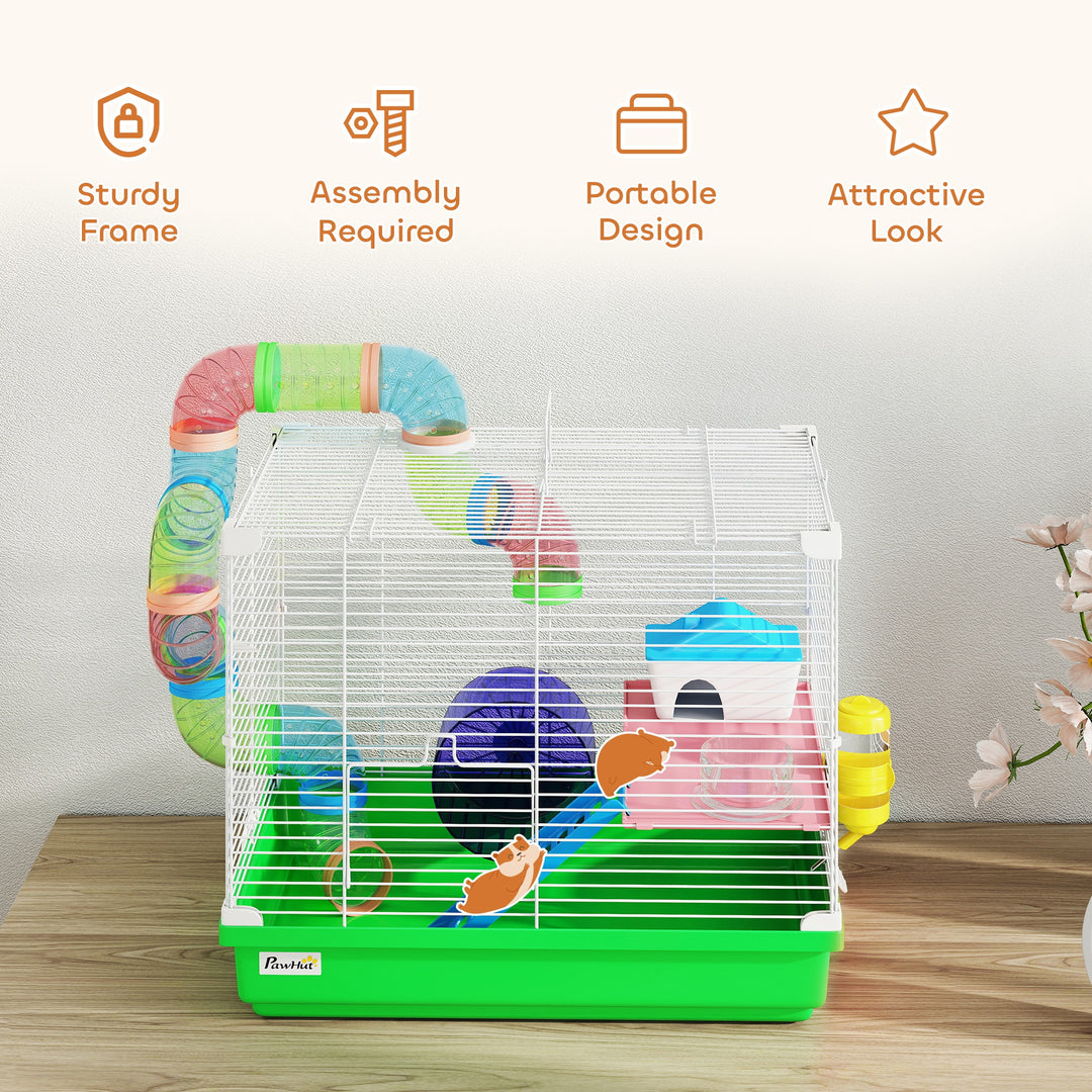 2 Tier Hamster Cage, Gerbil Cage with Handle, Exercise Wheels, Tunnel,