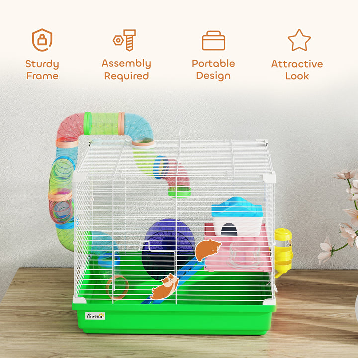 2 Tier Hamster Cage, Gerbil Cage with Handle, Exercise Wheels, Tunnel,