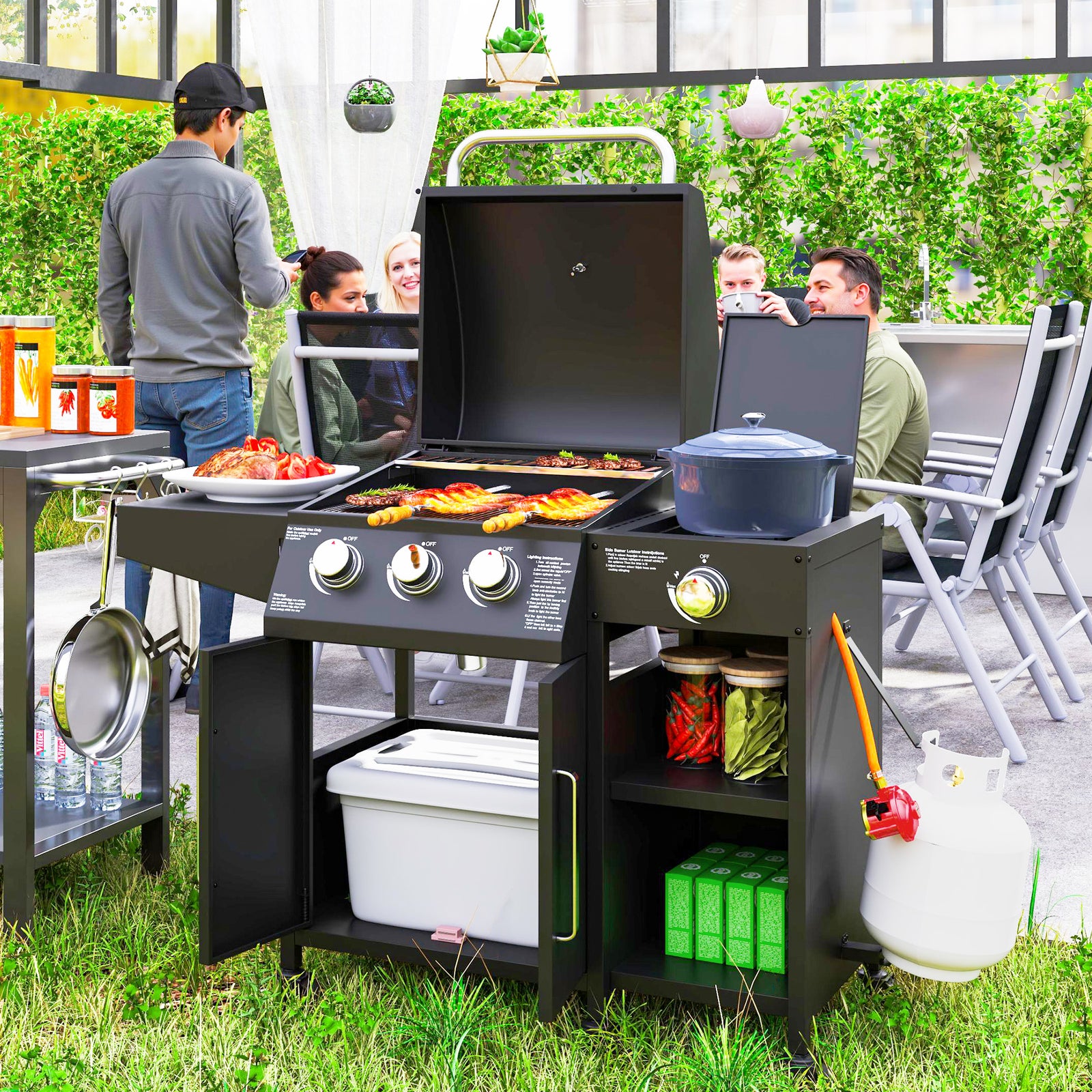 3+1 Burner Gas BBQ Grill with Storage Cabinet and Shelves, 9.5 kW Gas Barbecue Trolley with 6 Castor Wheels, Warming Rack, Thermometer for Outdoor Cooking Garden Party, Black