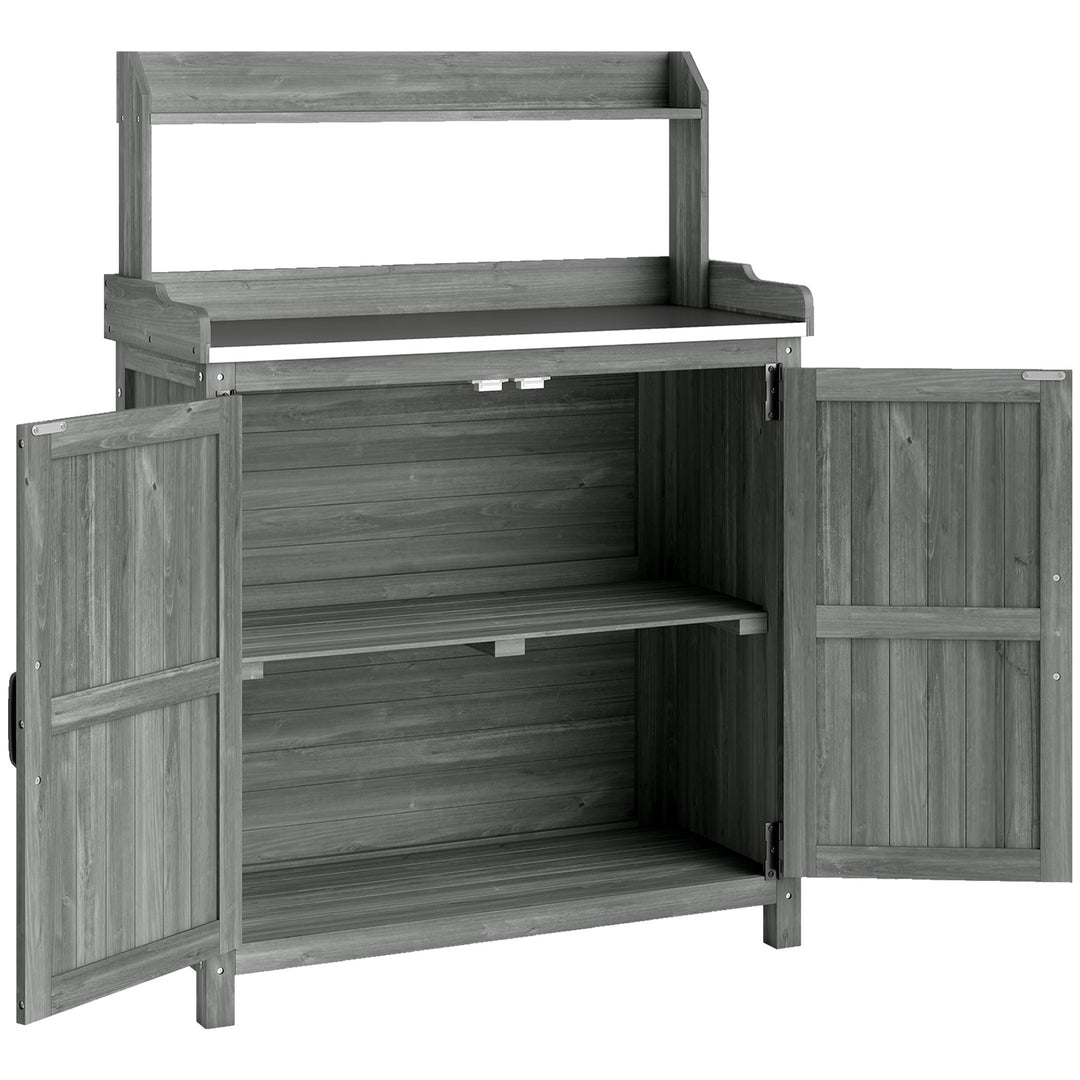 Wooden Potting Bench Table with Aluminium Worktop, Outdoor Garden Work
