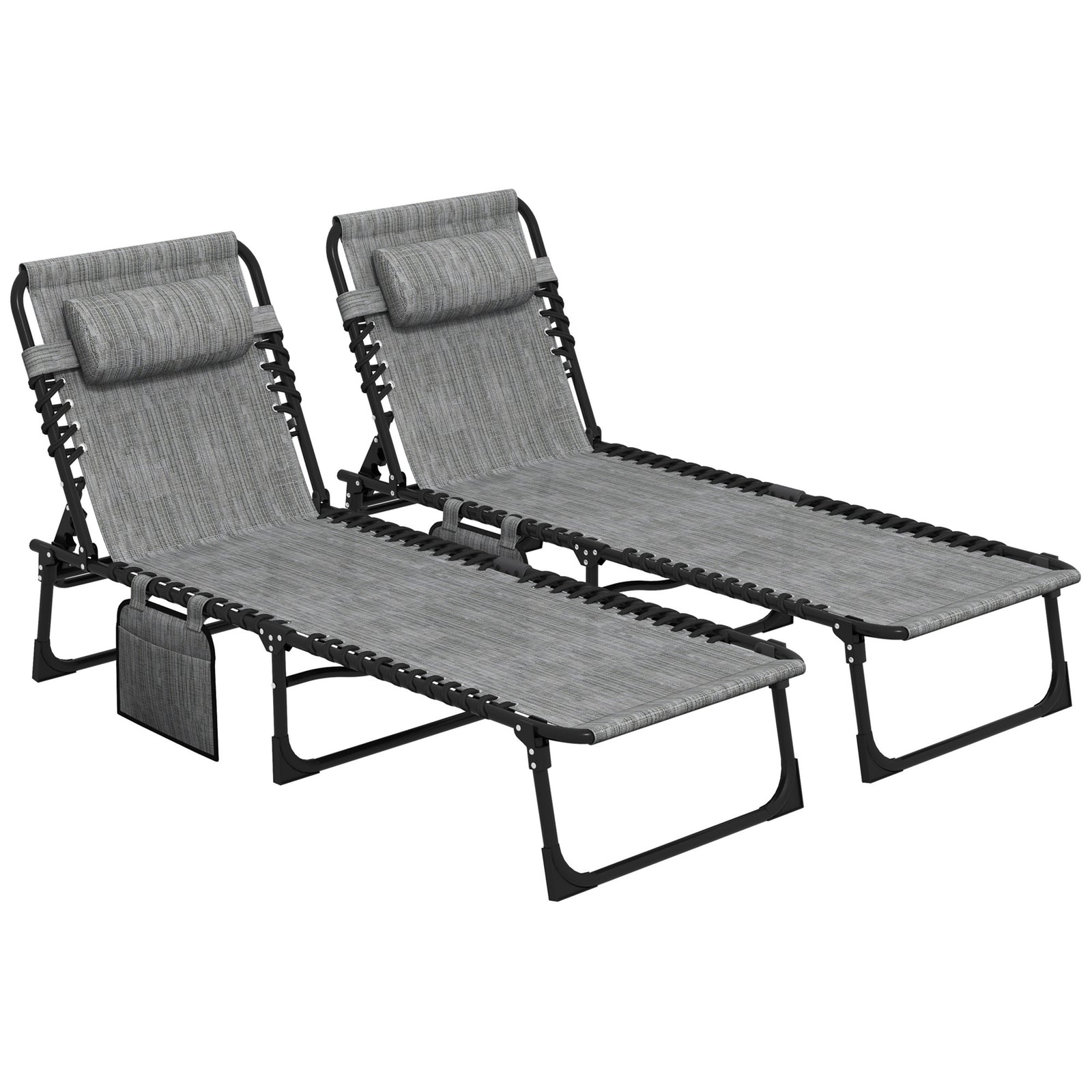 Portable Sun Lounger Set of 2, Folding Camping Bed Cot, Reclining Lounge Chair 5-position Adjustable Backrest with Side Pocket, Pillow for Patio Garden Beach Pool, Mixed Grey