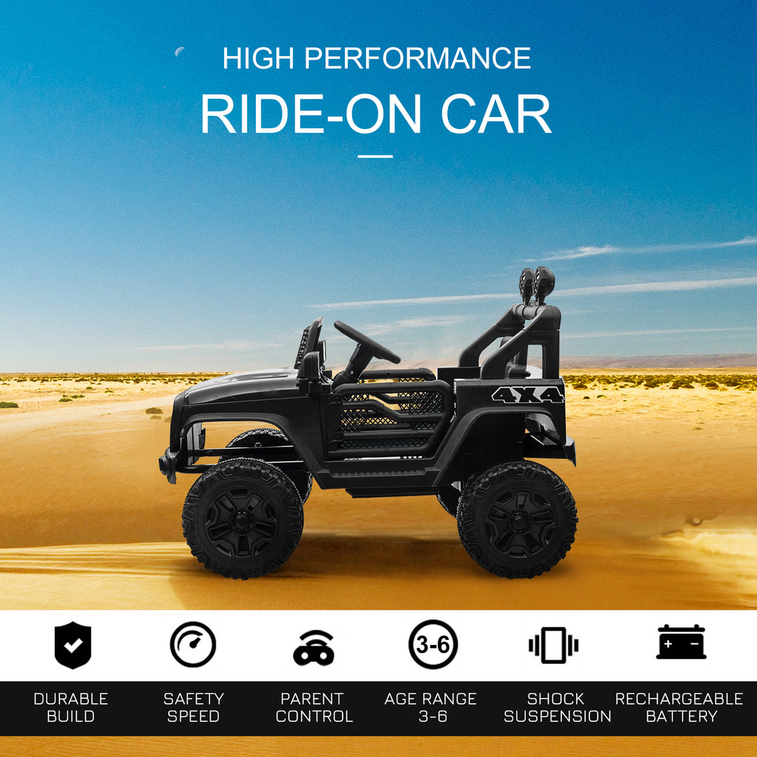 Kids Electric Ride On Car 12V Off Road Toy with Parental Remote Control 2 Motors Horn Lights Suspension Wheels for 3-6 Years Old Black