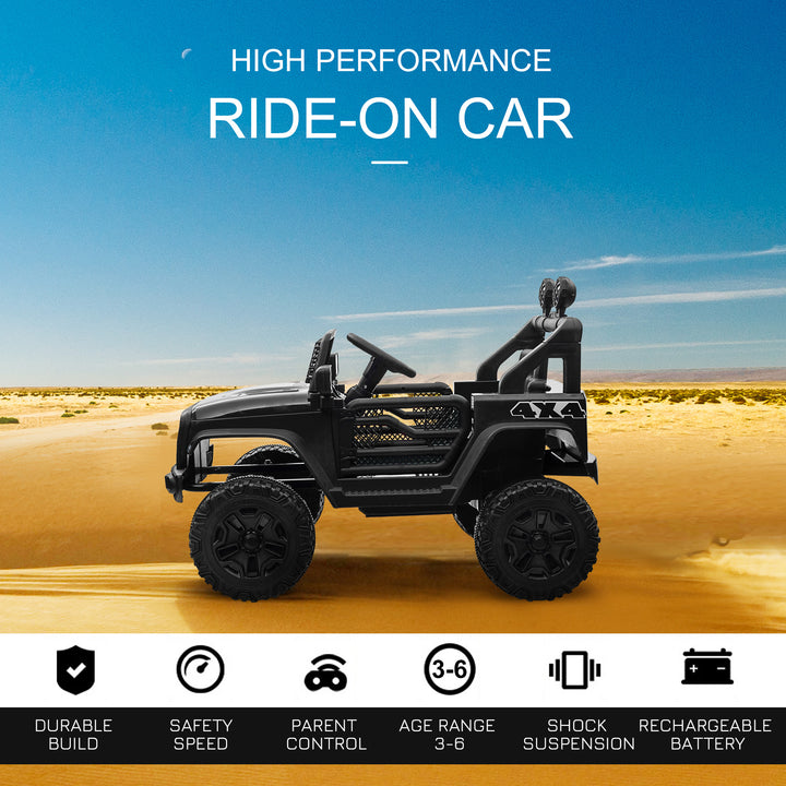 Kids Electric Ride On Car 12V Off Road Toy with Parental Remote Control 2 Motors Horn Lights Suspension Wheels for 3-6 Years Old Black