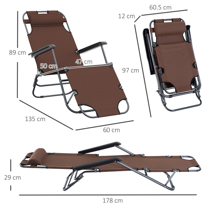 2 in 1 Folding Sun Lounger Reclining Garden Chair Set of 2 with 2-Level Adjustable Backrest, Outdoor Zero Gravity Recliner Garden Chairs with Head Pillow and Armrests, Brown