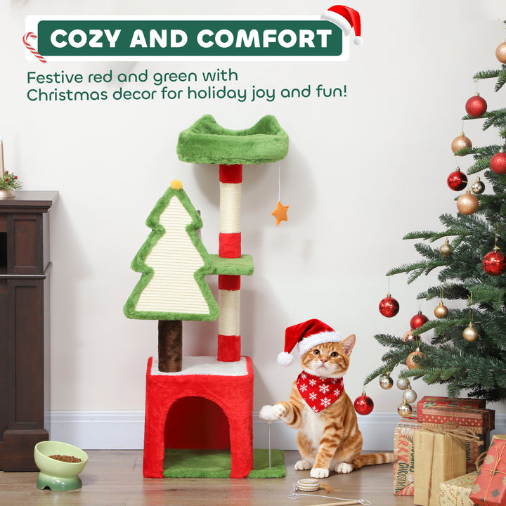Christmas Cat Tree, 120cm Cat Tower with Scratching Post &amp; Board, Plat