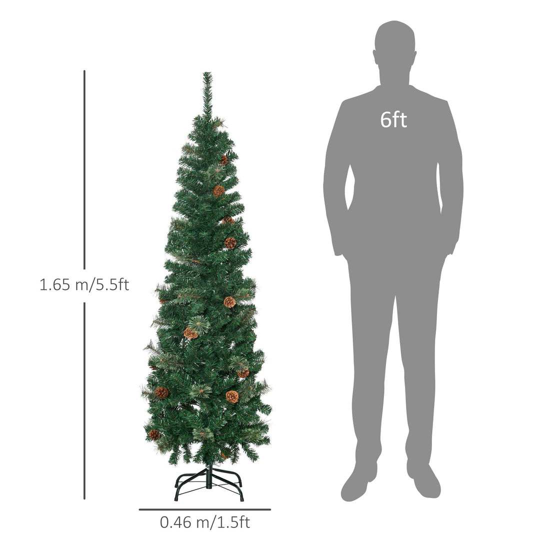 5.5FT Tall Pencil Slim Artificial Christmas Tree with Realistic Branches, Tip Count and Pine Cones, Pine Needles Tree, Xmas Decoration, Green