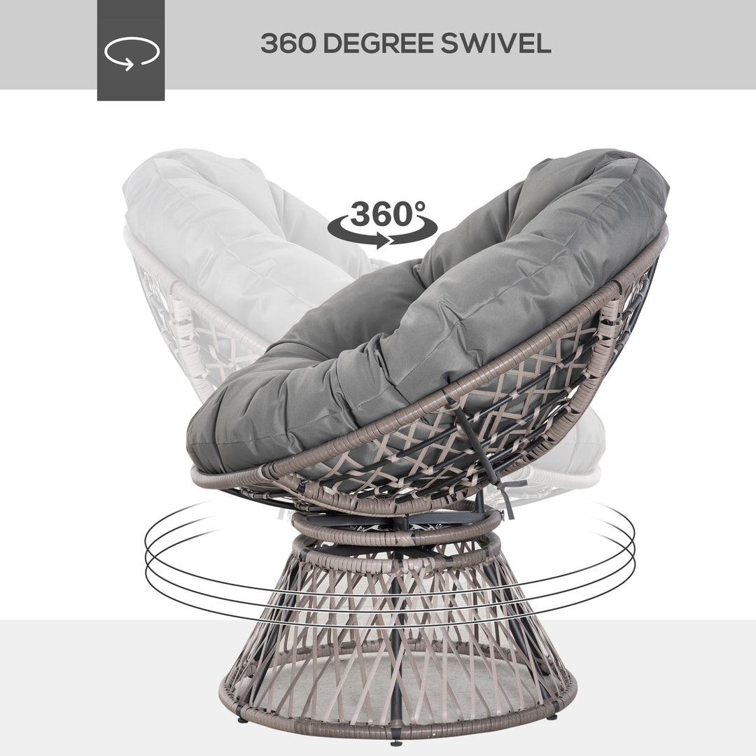 360° Swivel Rattan Papasan Moon Bowl Chair Round Lounge Garden Wicker Basket Seat with Padded Cushion Oversized for Outdoor Indoor, Grey