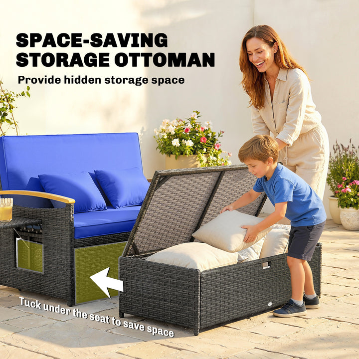 Double Garden Rattan Daybed, Wicker Sun Bed Chaise Lounger with Storag