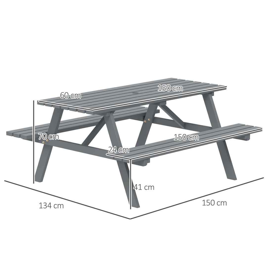 6 Seater Wooden Picnic Table Bench for Outdoor Garden or Patio with Parasol Cutout 150 cm Grey