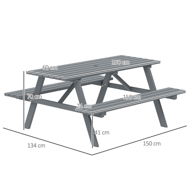 6 Seater Wooden Picnic Table Bench for Outdoor Garden or Patio with Parasol Cutout 150 cm Grey