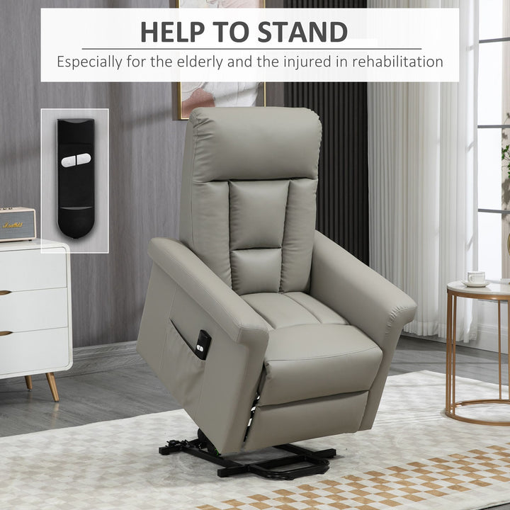 MCL Power Lift Chair Armchair for the Elderly, PU Leather Recliner Chair with Extended Footrest, Remote Control and Side Pocket, Grey
