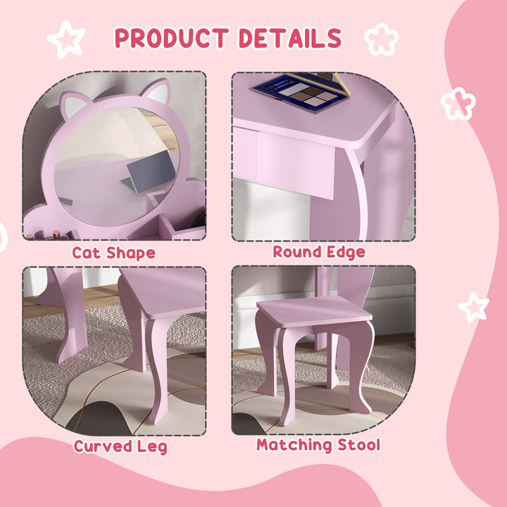 ZONEKIZ Children's Vanity Set with Mirror, Stool, Cat Theme, Drawer, Organiser Boxes for Ages 3-6, Pink | Aosom UK