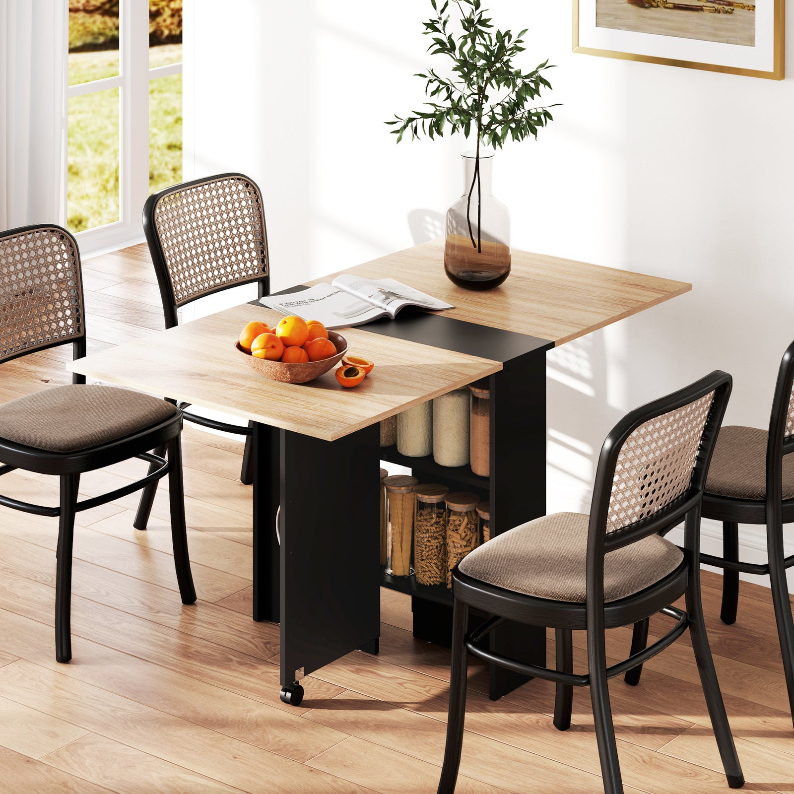 Folding Dining Table, Drop Leaf Table with 2-Tier Shelves, Rolling Casters, for Small Spaces, Kitchen, Oak and Black