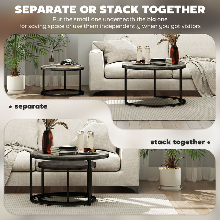 Industrial Nesting Coffee Table Set of 2, Round Coffee Tables, Living Room Table with Faux Marbled Top and Steel Frame