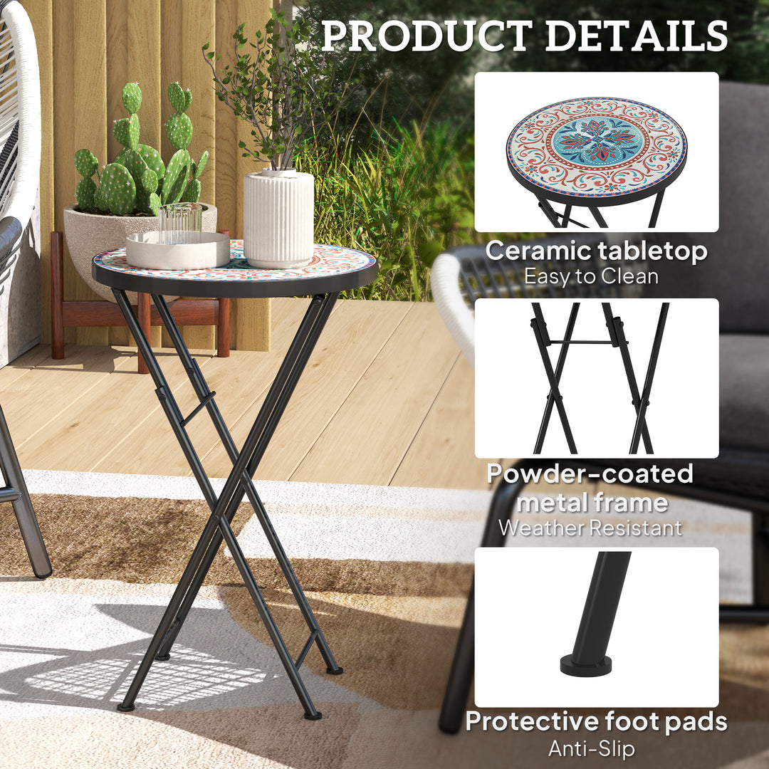 Mosaic Outdoor Garden Table, 35.5cm Round Folding Coffee Table with Metal Frame for Balcony Terrace, Multicolour