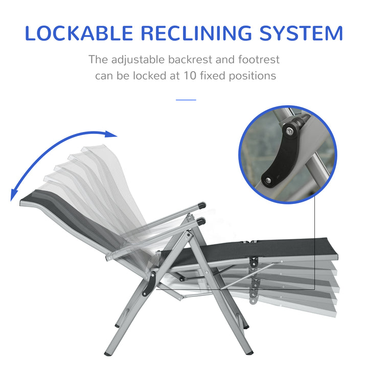 Outdoor Sun Lounger 10-Position Adjustable Texteline Folding Reclining Chairs with Footrest for Patio Garden, Black