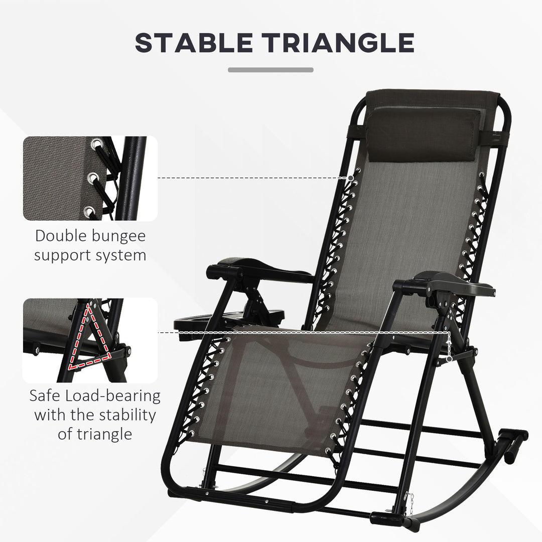 Garden Rocking Chair Folding Recliner Outdoor Adjustable Sun Lounger Rocker Zero-Gravity Seat with Headrest Side Holder Patio Deck - Grey