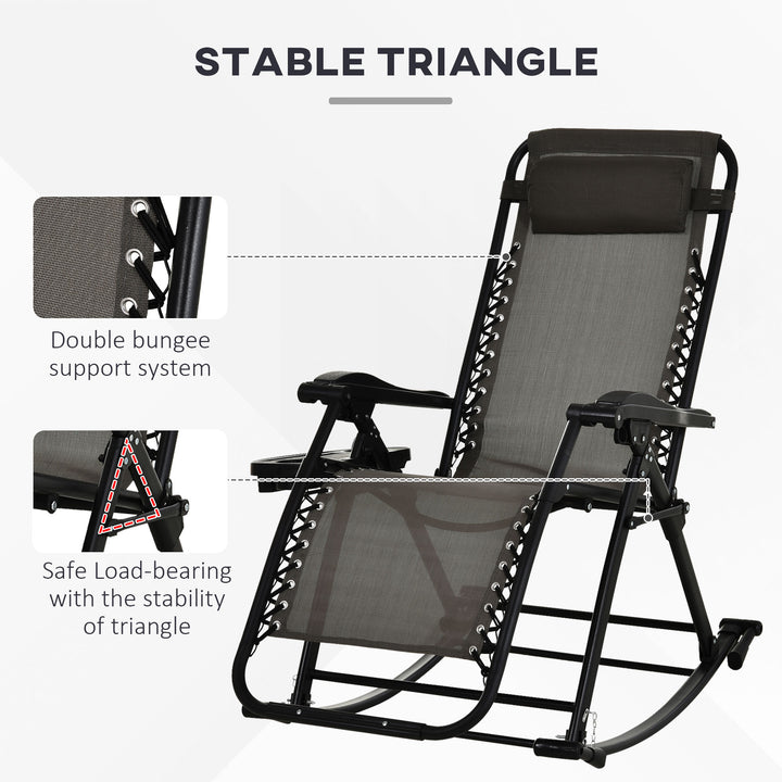 Garden Rocking Chair Folding Recliner Outdoor Adjustable Sun Lounger Rocker Zero-Gravity Seat with Headrest Side Holder Patio Deck - Grey