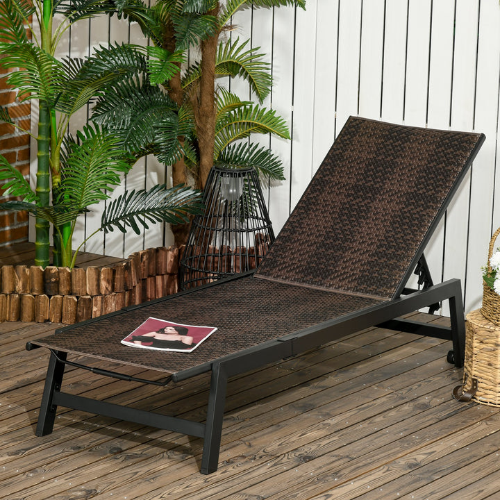 Outsunny Outdoor PE Rattan Sun Loungers, Patio Wicker Chaise Lounge Chair with 5