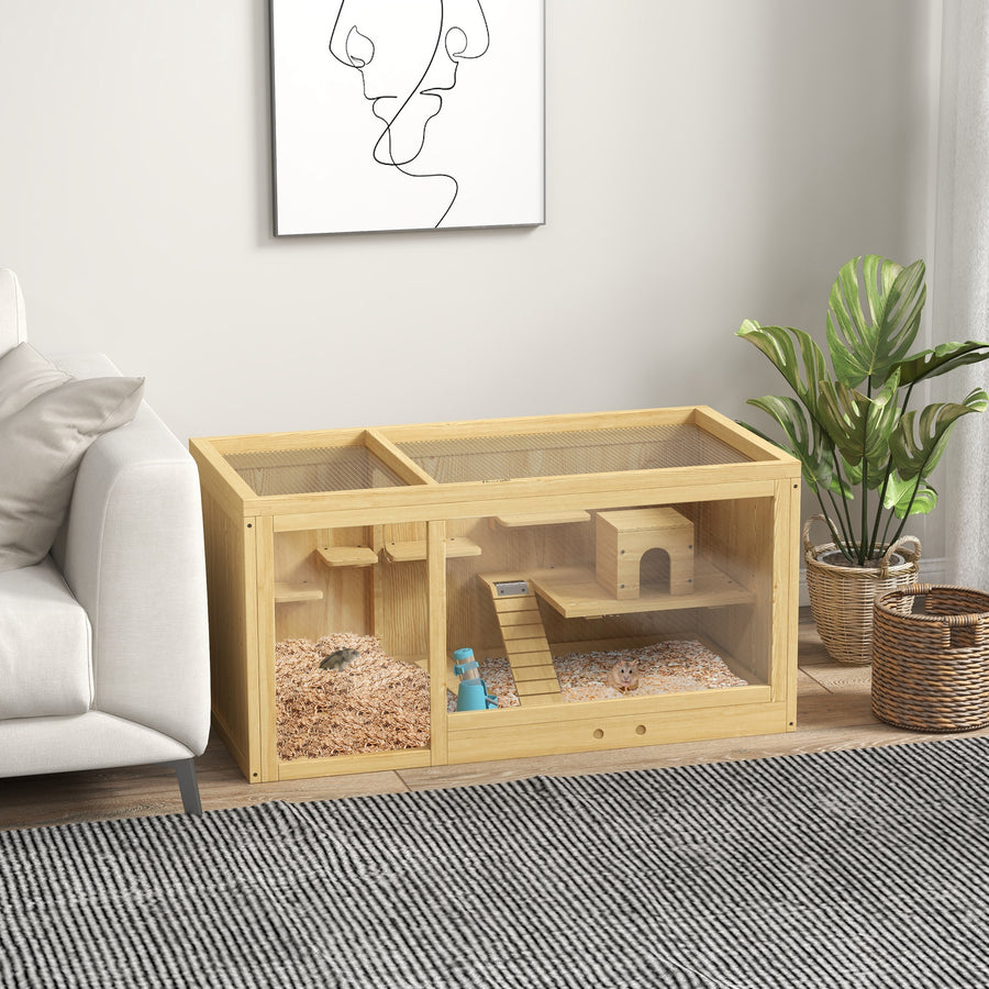 Wooden Hamster Cage with Water Bottle, Platforms, Openable Roof, Sliding Tray, Hut, Seesaws, Natural Wood Finish