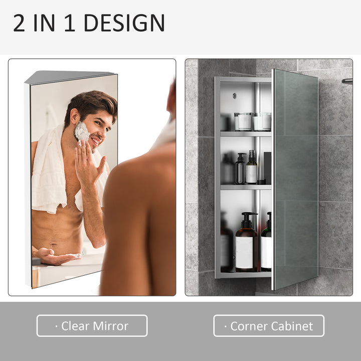 HOMCOM Stainless Steel Mirrored Cabinet: Corner-Mounted Bathroom Organiser with Single Door, 300mm Width | Aosom UK