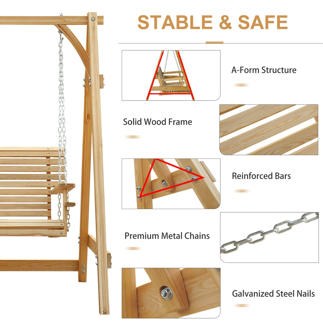 2 Seater Garden Swing Seat, Wooden Swing Chair Bench with Cup Holders for Outdoor Porch Patio, Natural