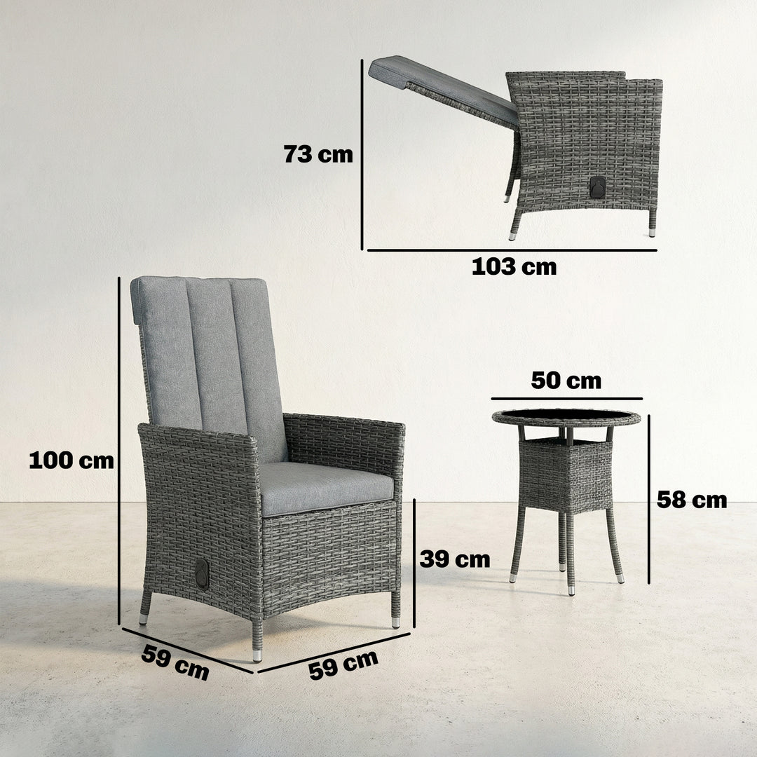 Rattan Bistro Set, Reclining Garden Chairs and Glass Coffee Table with