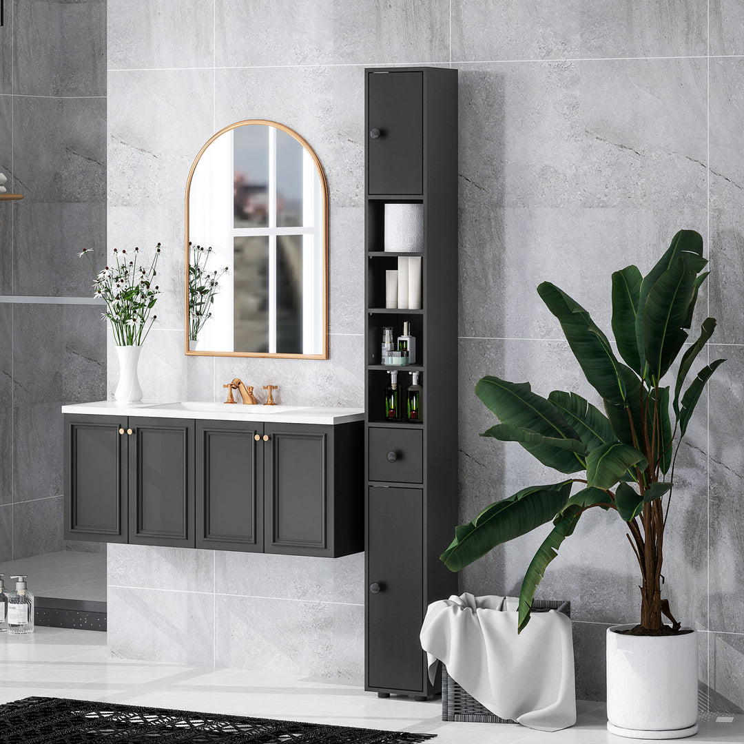 180cm Slim Bathroom Cabinet, with Drawer, Shelves and Cupboards - Black