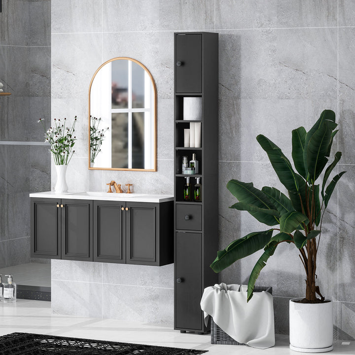 180cm Slim Bathroom Cabinet, with Drawer, Shelves and Cupboards - Black