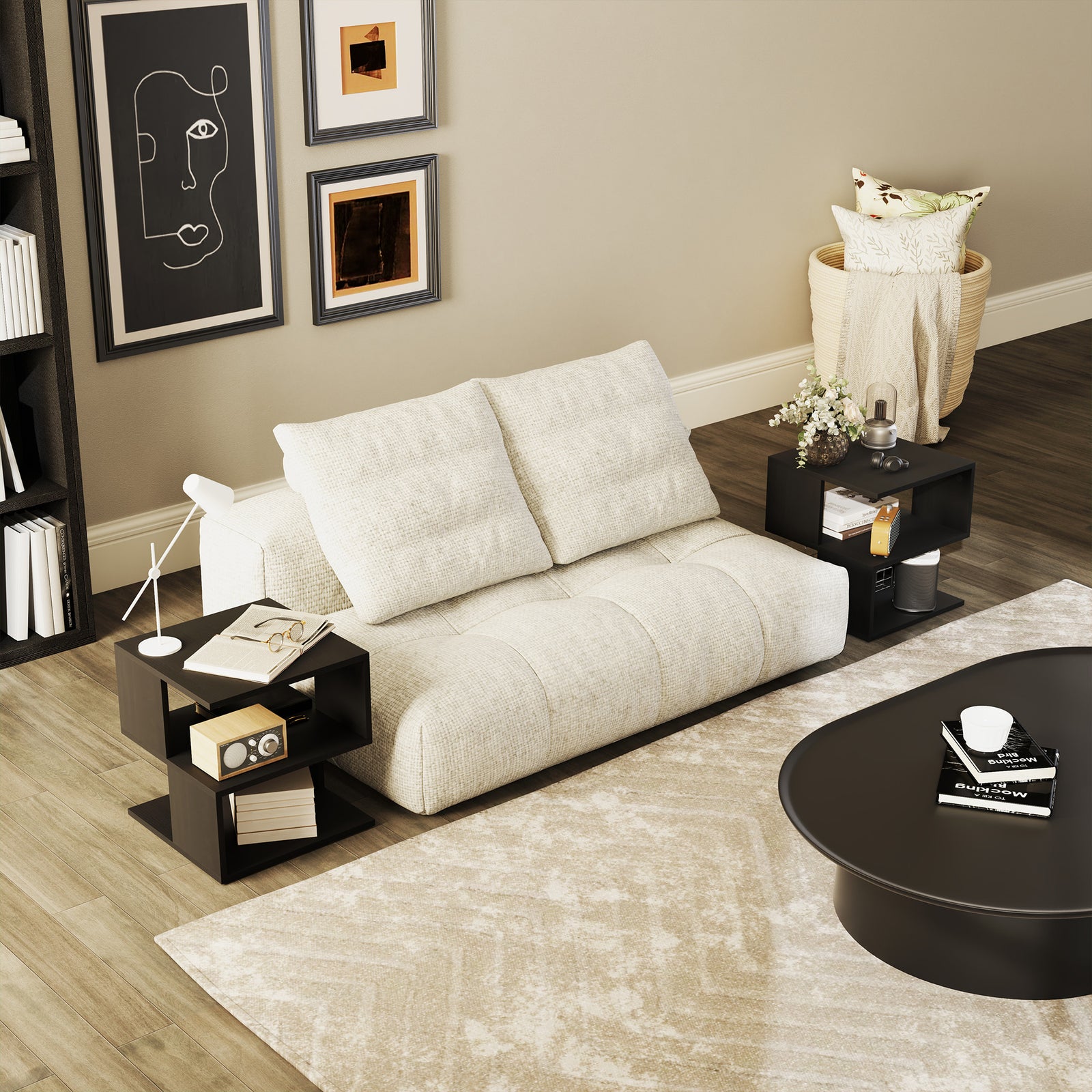 Set of 2 Side Table Square Coffee Table, Modern End Table with 2 Tier Storage Shelves for Living Room, Bedroom, Black