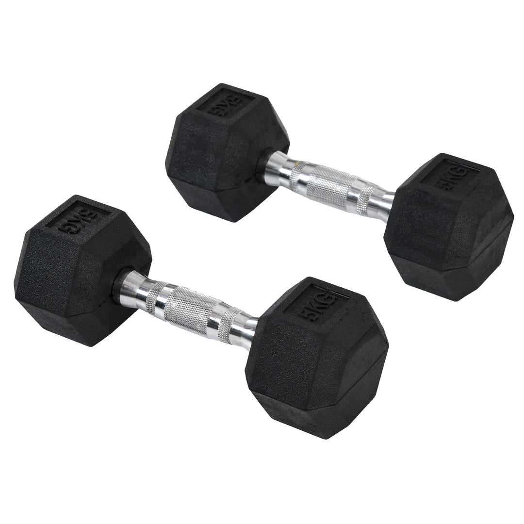 MCL 2x5kg Rubber Dumbbell Sports Hex Weights Sets Gym Fitness Lifting Home