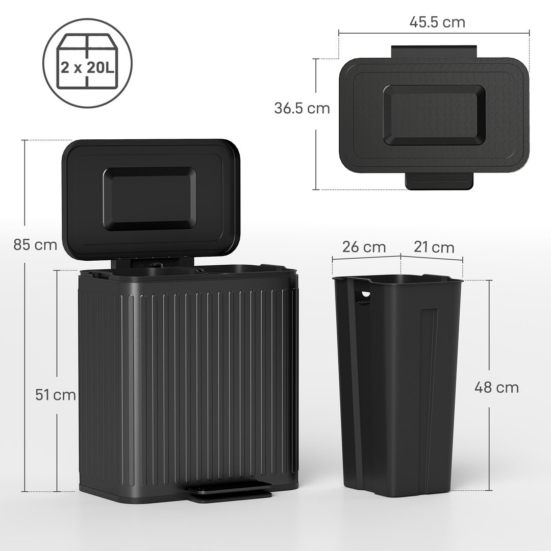 40L Dual Compartment Rubbish Bin, with Soft-Close Lid - Black
