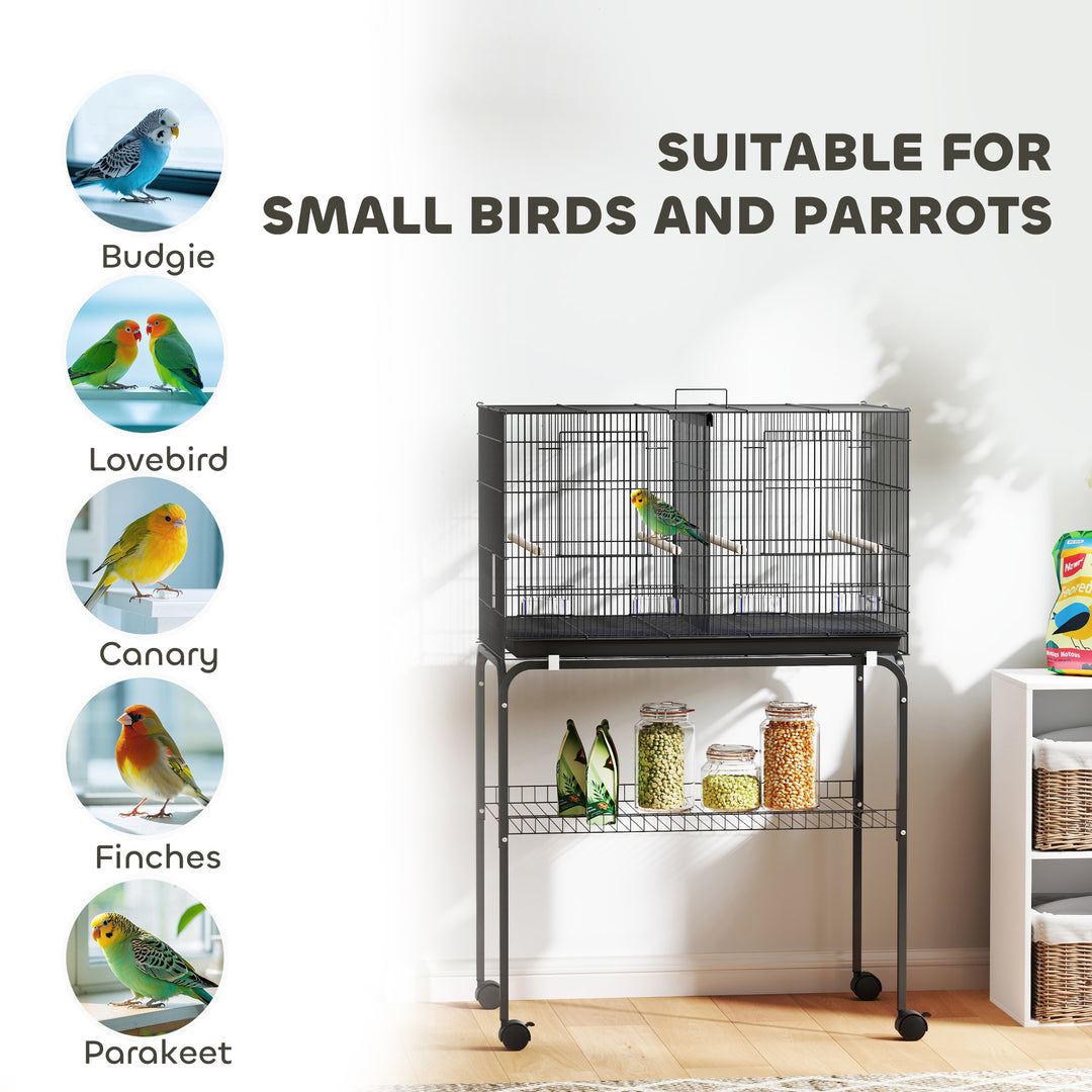 Bird Cage with Divider, 4 Wooden Perches, Slide Out Tray, 4 Feeders, for Budgie, Lovebird, Canary, 76 x 46 x 116cm Black