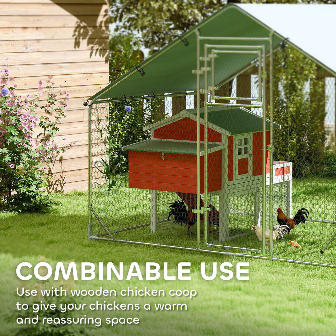 Walk-in Chicken Run w/ Cover, Feeding Door, Hanging Feeder, Perch, for 6-8 Poultry