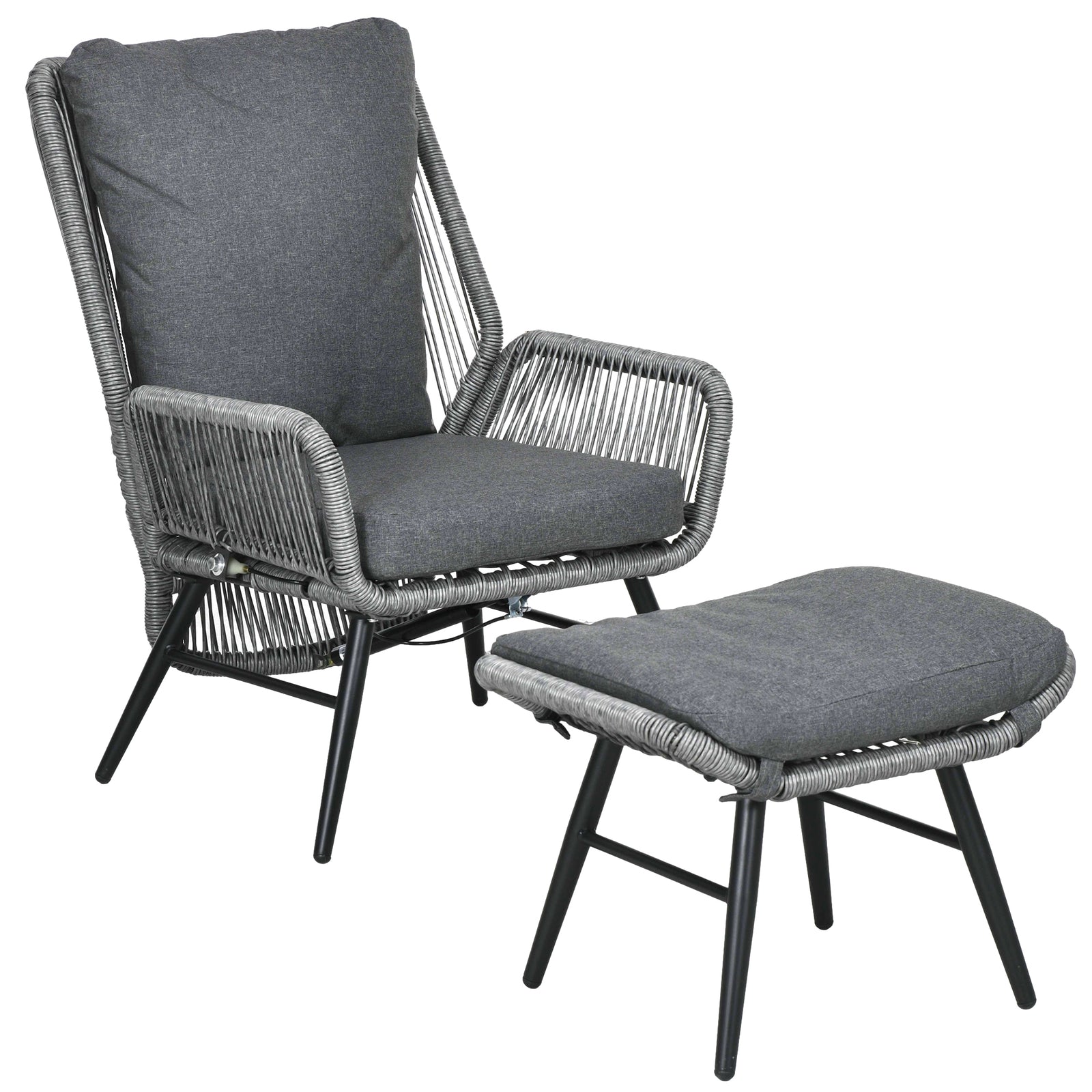 String Rattan Armchair and Footstool Set, with Cushions - Grey