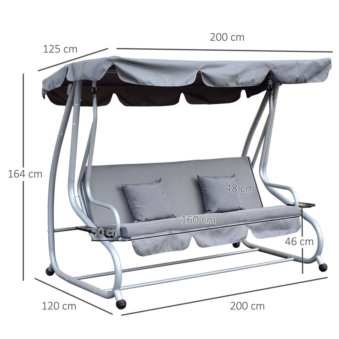 Outsunny 2-in-1 Garden Swing Seat Bed 3 Seater Swing Chair Hammock Bench Bed with Tilting Canopy and 2 Cushions, Grey | Aosom UK