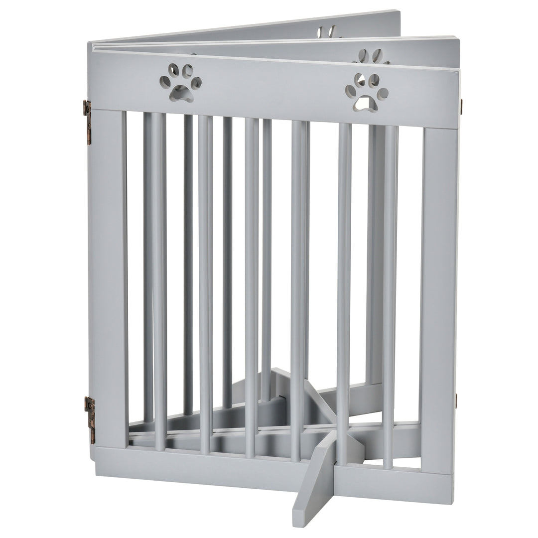 Freestanding Pet Gate 4 Panel Folding Wooden Dog Barrier w/ Support Feet