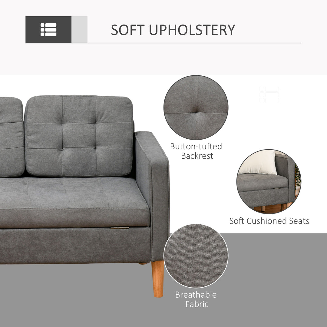 Modern 3 Seater Sofa with Hidden Storage, 169cm Tufted Cotton Couch with Wood Legs, Compact Sofa for Living Room, Grey