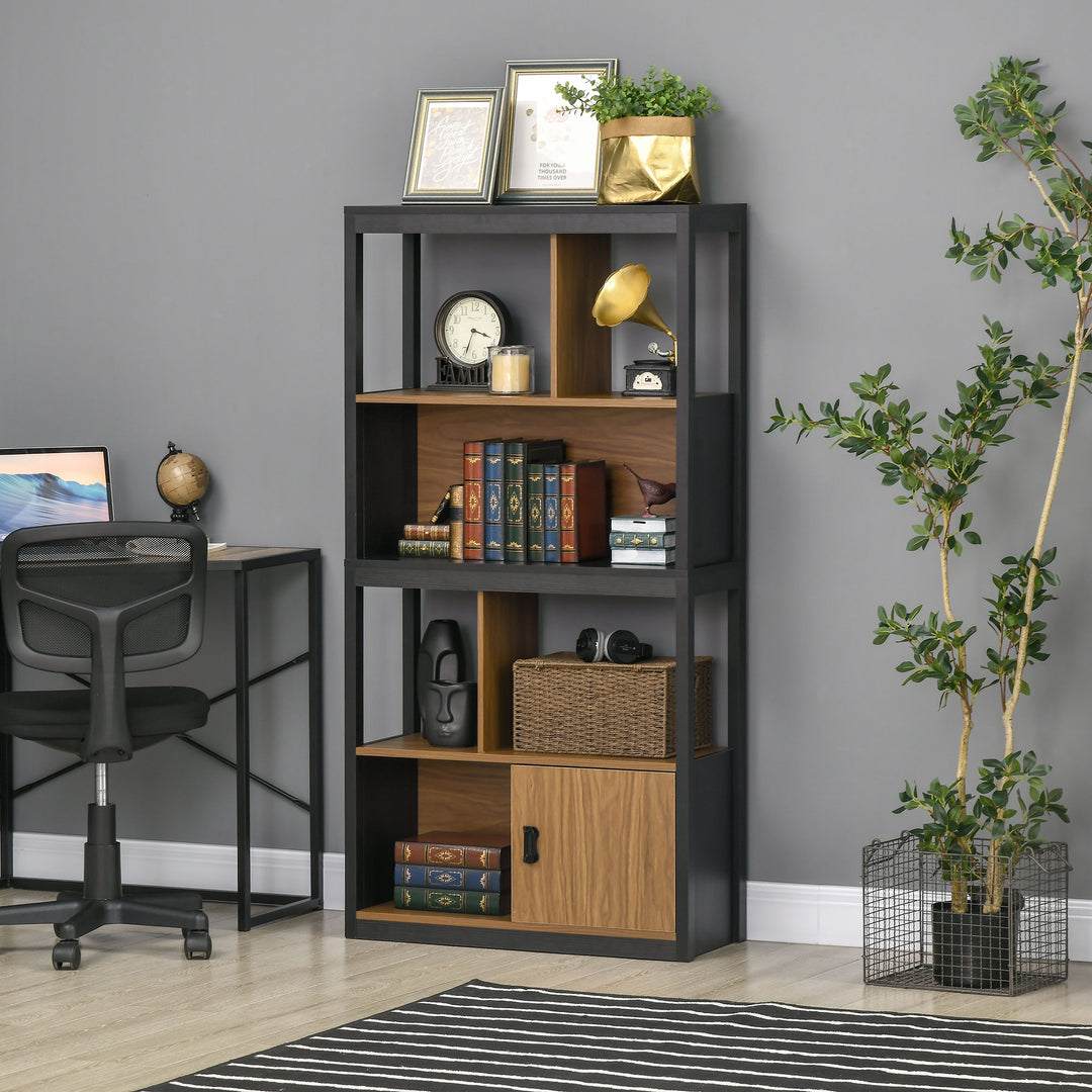 HOMCOM Contemporary Bookcase: 4-Tier Shelving Unit with Enclosed Cabinet, Walnut Brown Finish for Study Spaces | Aosom UK