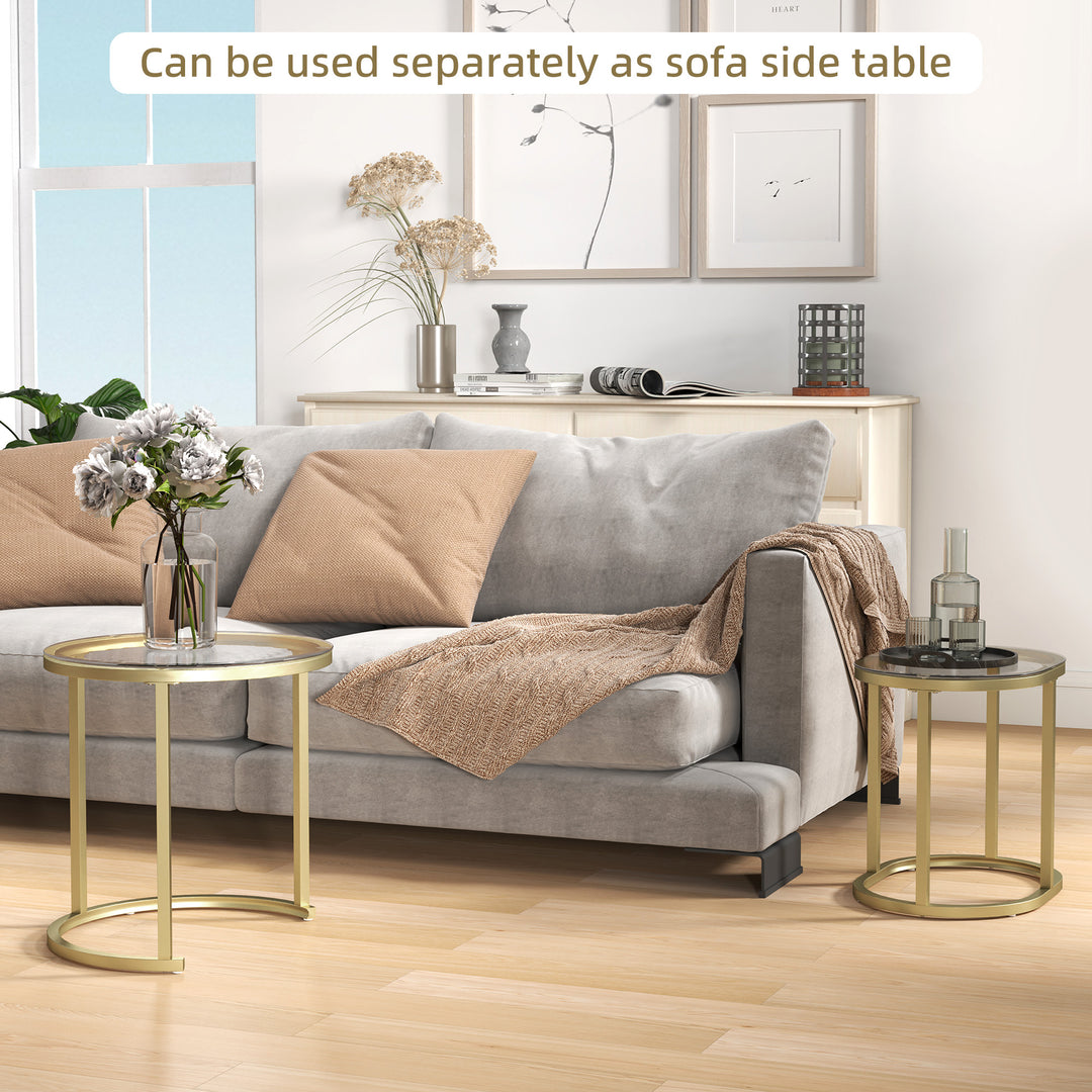 Modern Coffee Table Set of 2, Nest of Tables with Steel Frame and Tempered Glass Tabletop, Side Tables for Living Room Bedroom, Clear
