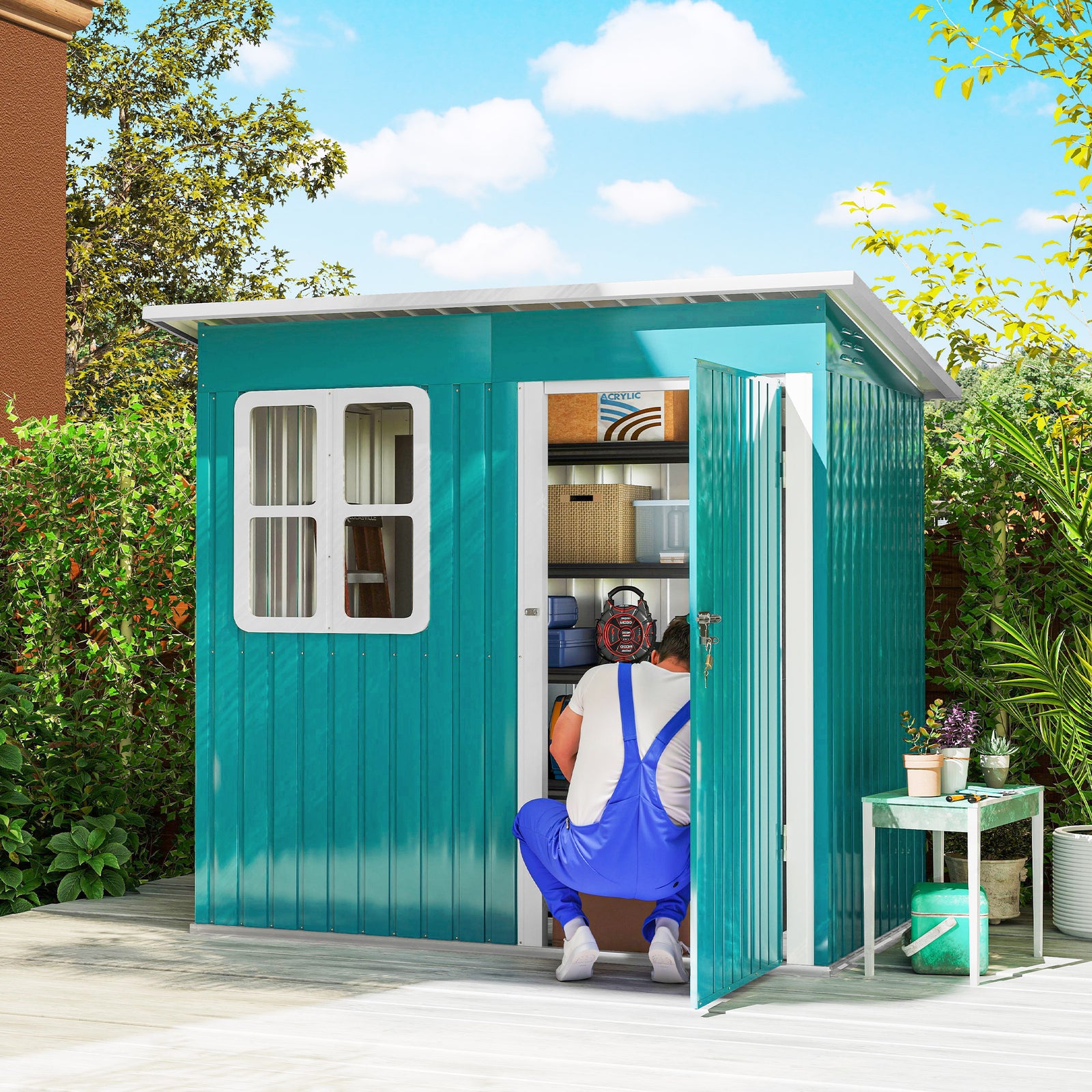 7 x 4ft Galvanised Steel Garden Shed, with Lock and Gloves - Green
