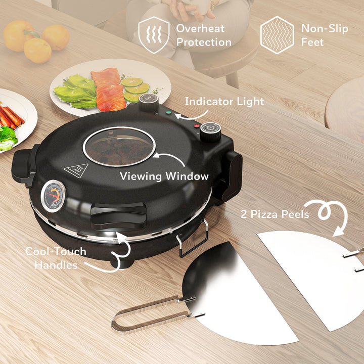 1200W Pizza Oven, 12 Inch Electric Pizza Maker with Viewing Window, Dual Knob Temp & Timer Control, Overheat Protection, Black