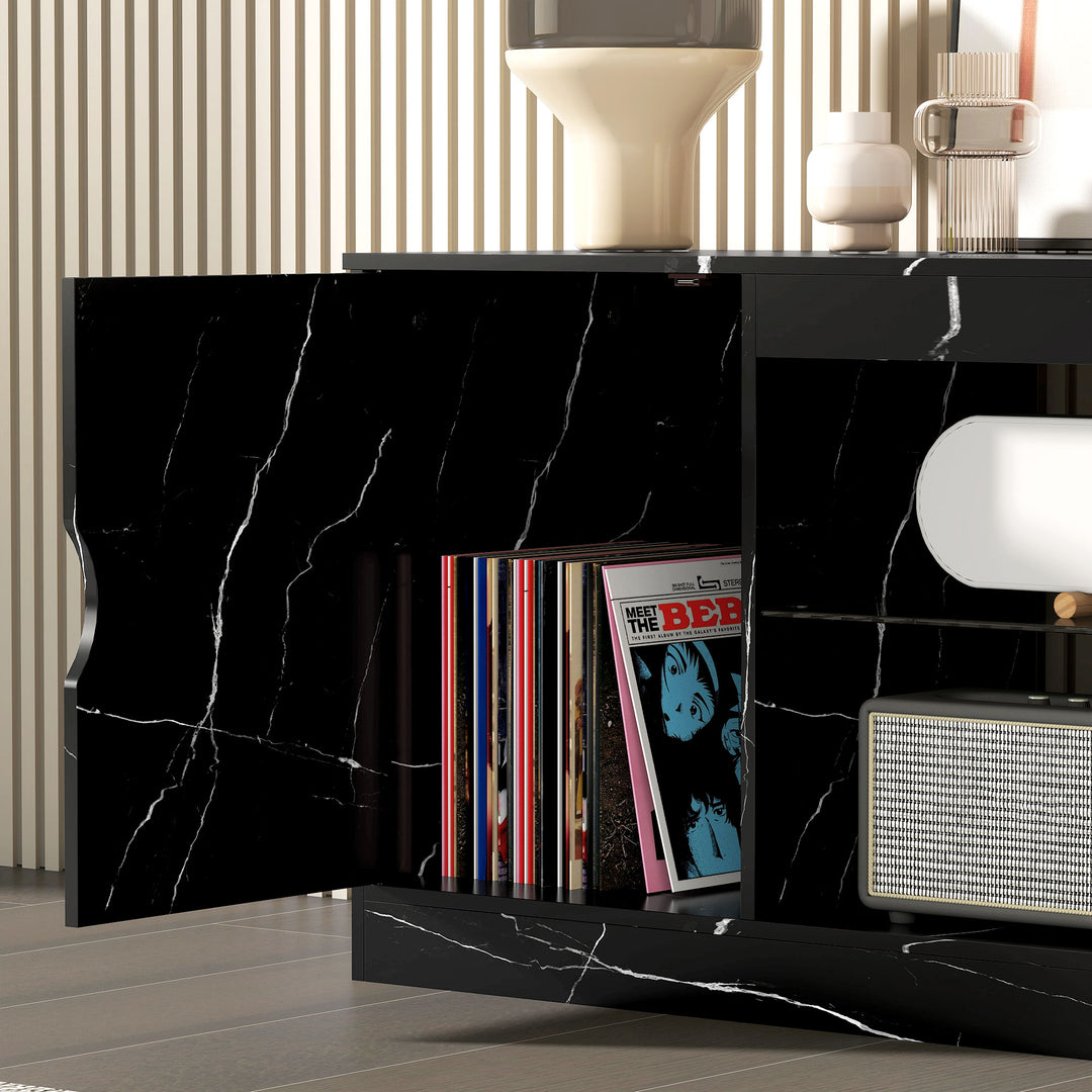 TV Stand Cabinet, Marble Effect TV Unit for up to 55" TVs with Glass Shelf and Storage Cabinet, Entertainment Unit for Living Room, Bedroom, Black